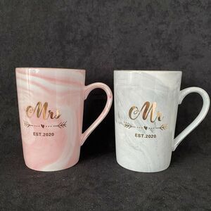 Mr. And Mrs. Est. 2020 Pink Gray Marbled Coffee/Tea Cups Gold Toned Lettering